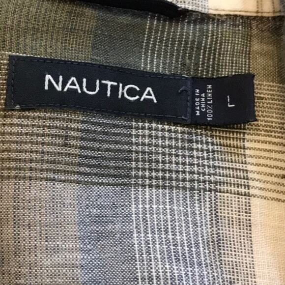 Nautica linen gray green blue plaid button down shirt size large short sleeve - Picture 3 of 5